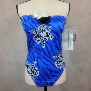 Vintage Oscar de la Renta One Piece High Cut Swimsuit Blue White Zebra Floral